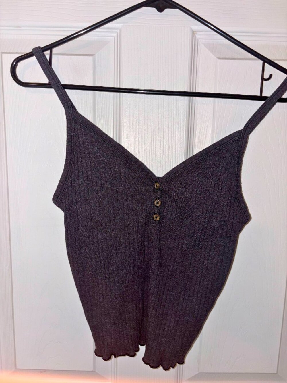 Dark Gray Ribbed Knit Crop Cami Tank Top Buttons